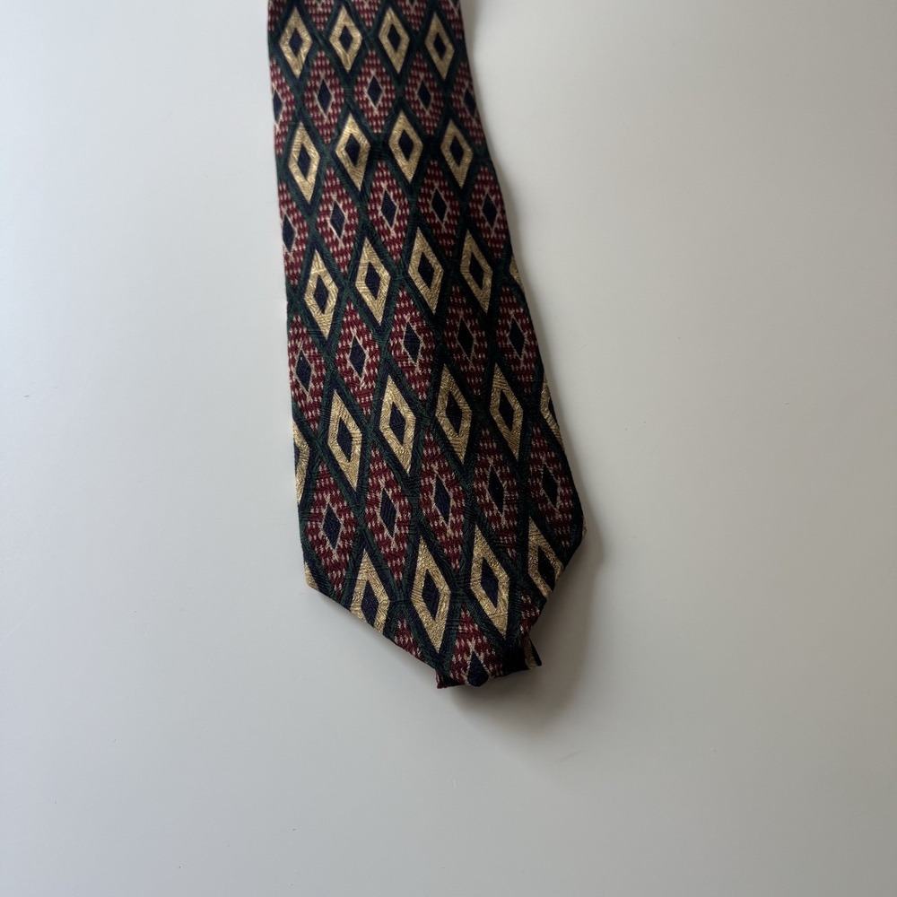 Vintage Eagle Silk Necktie Geometric Diamond Burgundy Green Gold Made USA